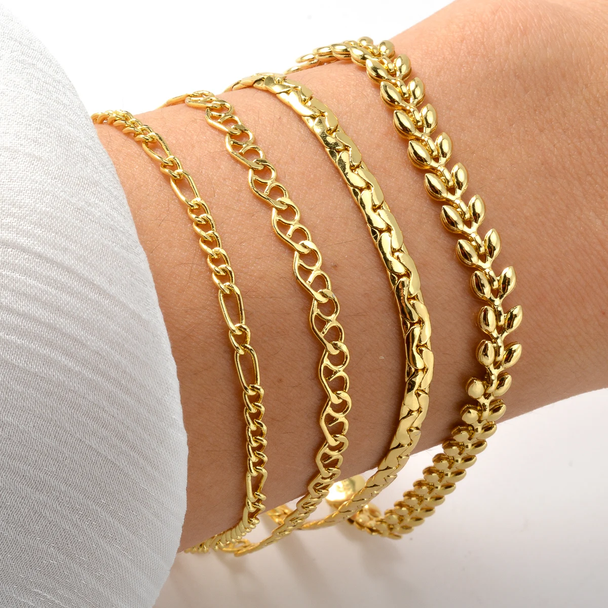Fashion Jewelry Wholesale Custom DIY 4 Pieces/Set 14K Gold Plated Copper Wheat Chain Charm Bracelet for Women