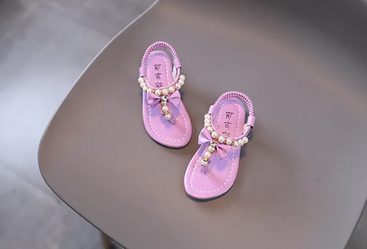 Girls Pearls Sandals Rhinestone Kids Gladiator Sandals Butterfly-knot Princess Children's Sandals Flip Flops Beach Shoes Soft
