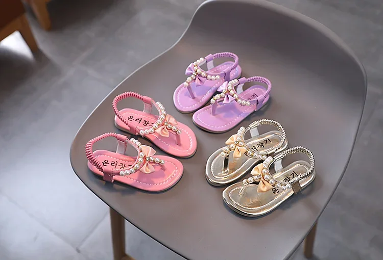 Girls Pearls Sandals Rhinestone Kids Gladiator Sandals Butterfly-knot Princess Children's Sandals Flip Flops Beach Shoes Soft