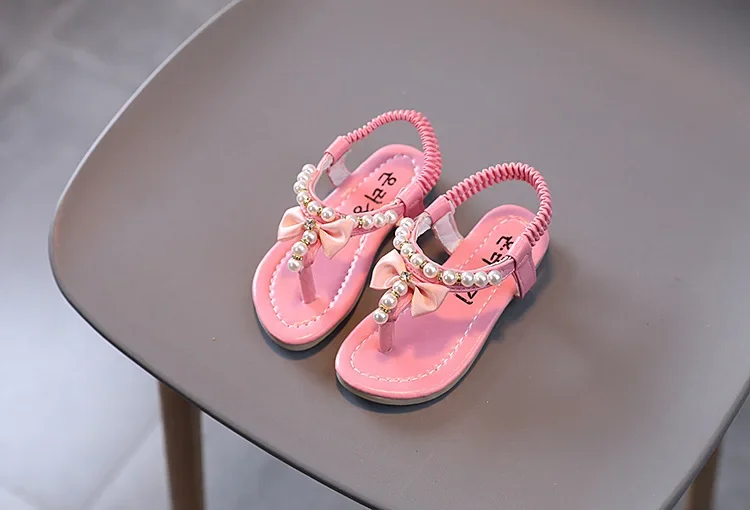Girls Pearls Sandals Rhinestone Kids Gladiator Sandals Butterfly-knot Princess Children's Sandals Flip Flops Beach Shoes Soft