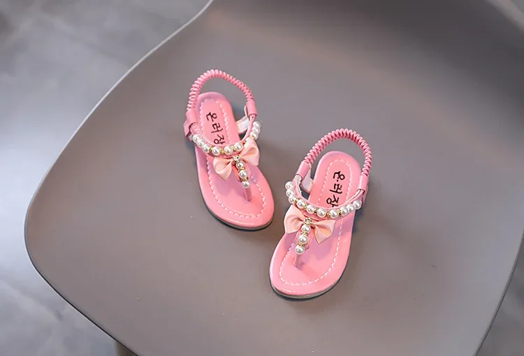 Girls Pearls Sandals Rhinestone Kids Gladiator Sandals Butterfly-knot Princess Children's Sandals Flip Flops Beach Shoes Soft