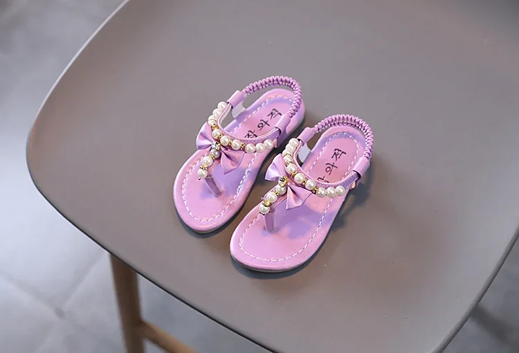 Girls Pearls Sandals Rhinestone Kids Gladiator Sandals Butterfly-knot Princess Children's Sandals Flip Flops Beach Shoes Soft