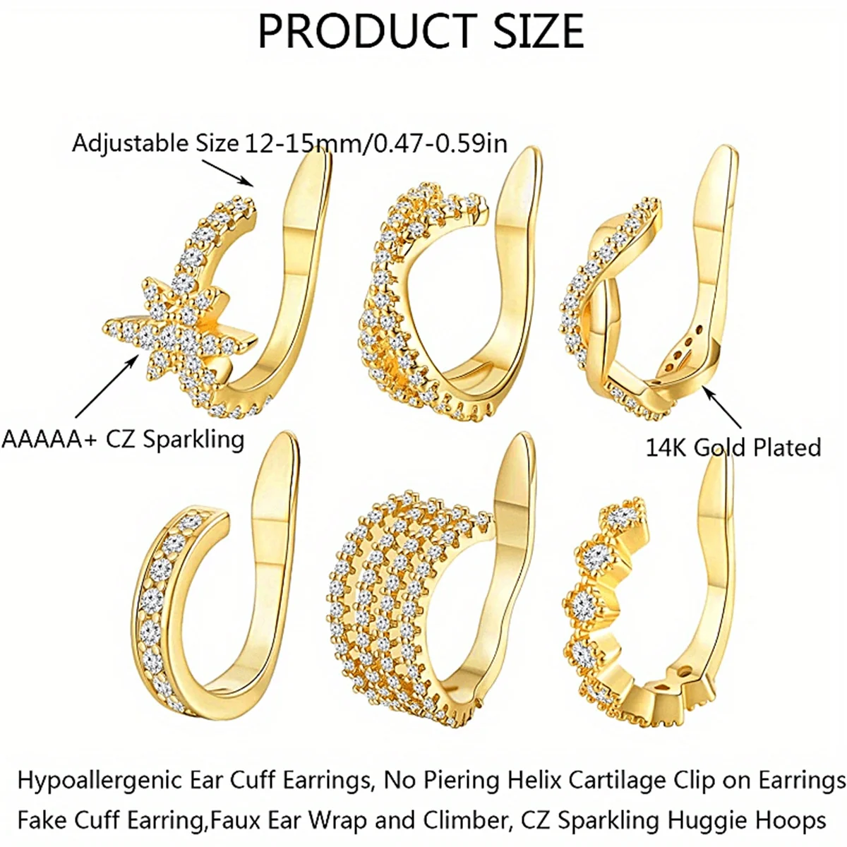 1Pc Hypoallergenic Huggie Earring Cuff for Women Men Sparkling Cubic Zerconia Fake Cartilage Clip On Earing No Piercing Jewelry