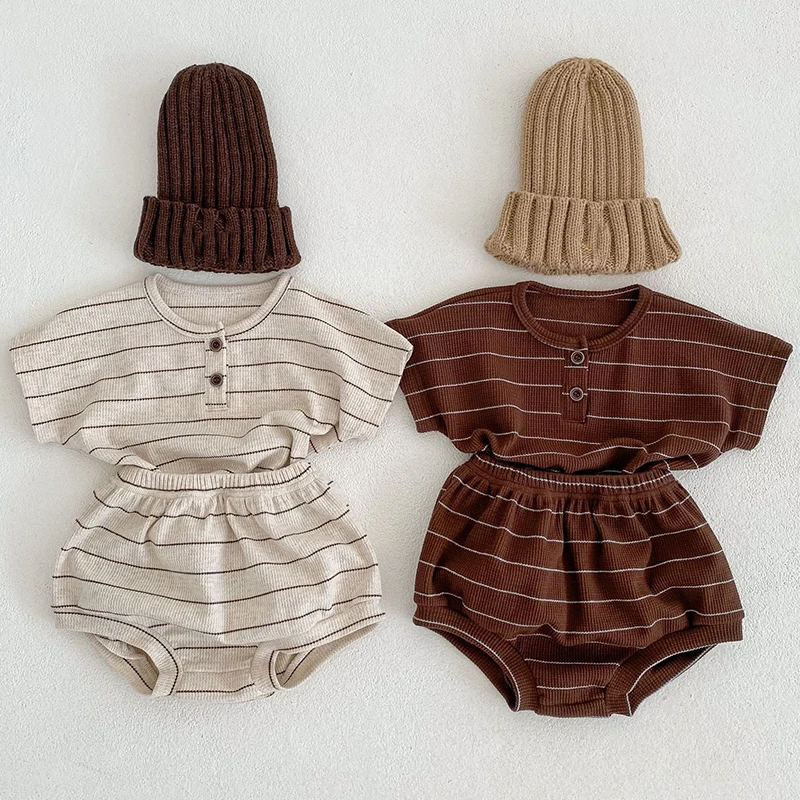 2024 Summer Lining Baby Clothing Set Striped Tee and Bloomer 2 Pcs Boy Clothes Suit Outfits Infant Cute Pure Clothing Set