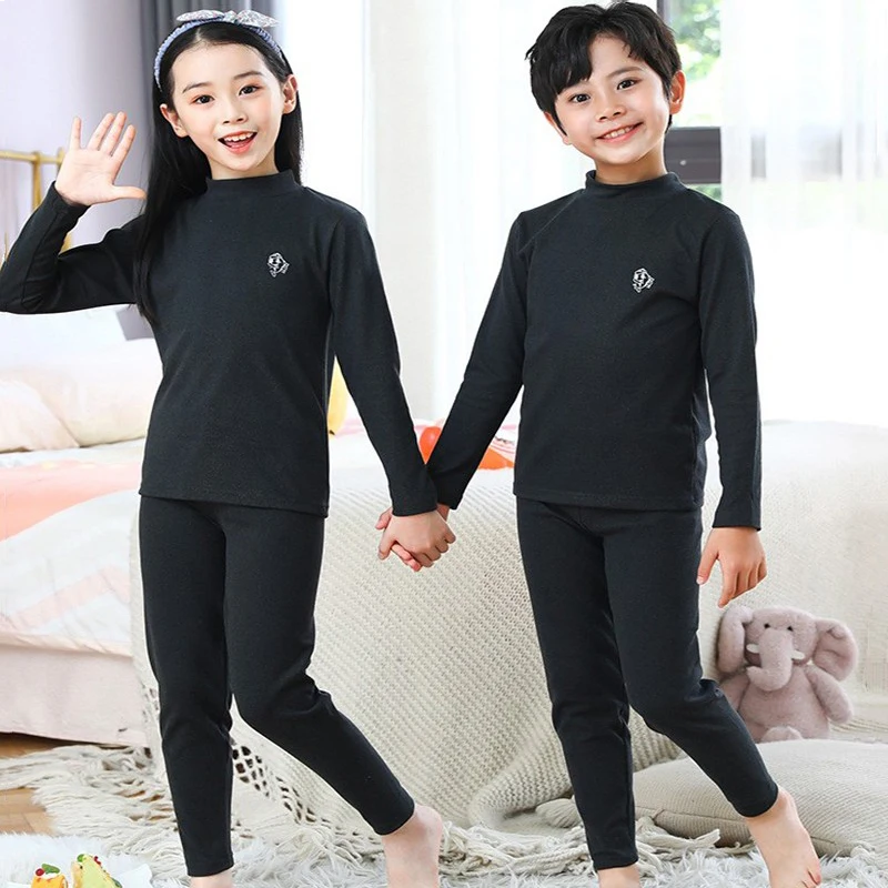 Kids Autumn Cotton Thermal Underwear Tops+Pants 2-Piece Set Boys Sleepwear Cartoon Print Girls Beige Pajama Suit Winter Clothes