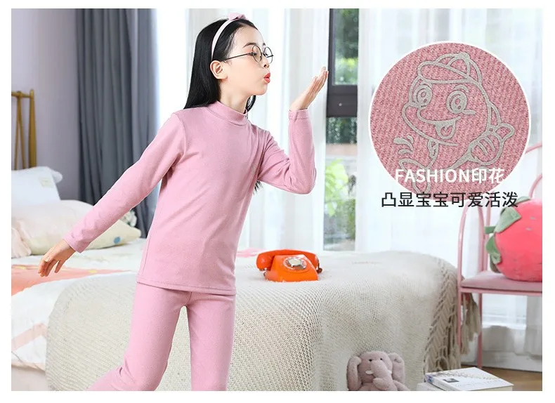 Kids Autumn Cotton Thermal Underwear Tops+Pants 2-Piece Set Boys Sleepwear Cartoon Print Girls Beige Pajama Suit Winter Clothes