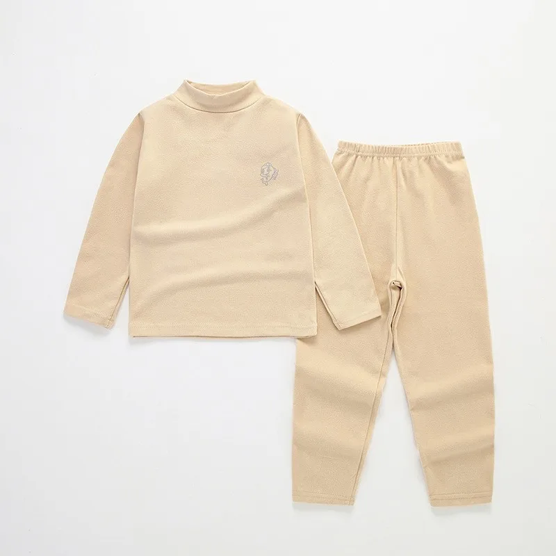 Kids Autumn Cotton Thermal Underwear Tops+Pants 2-Piece Set Boys Sleepwear Cartoon Print Girls Beige Pajama Suit Winter Clothes