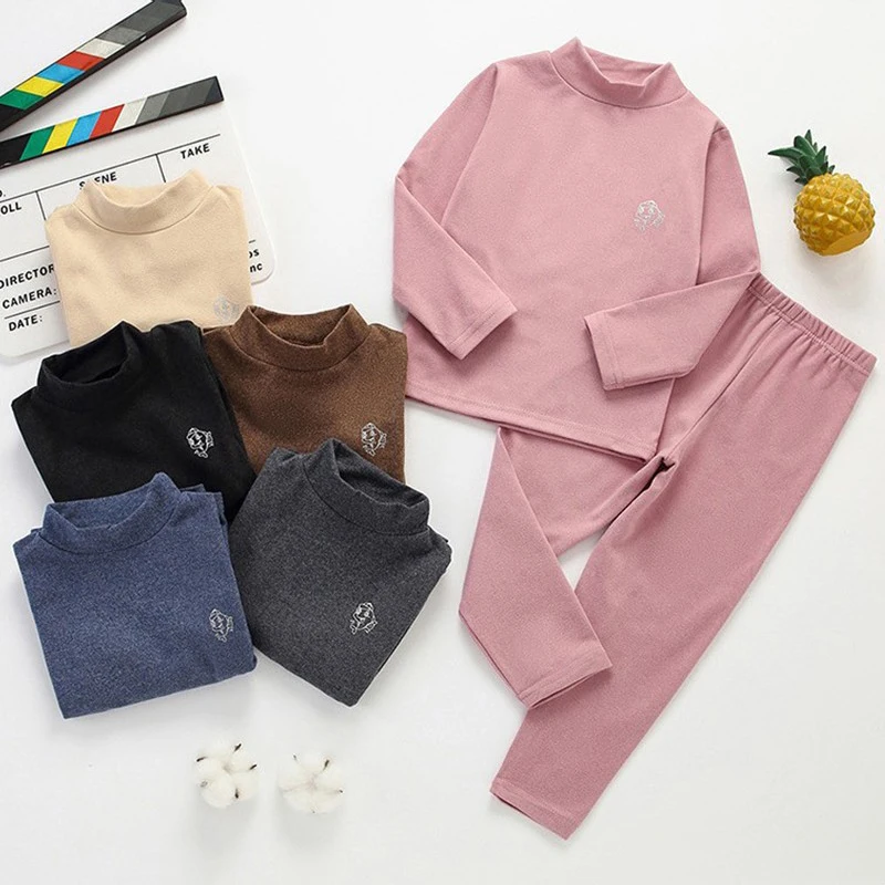 Kids Autumn Cotton Thermal Underwear Tops+Pants 2-Piece Set Boys Sleepwear Cartoon Print Girls Beige Pajama Suit Winter Clothes