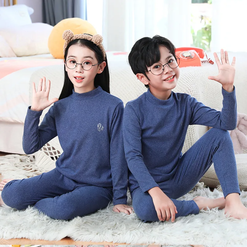 Kids Autumn Cotton Thermal Underwear Tops+Pants 2-Piece Set Boys Sleepwear Cartoon Print Girls Beige Pajama Suit Winter Clothes