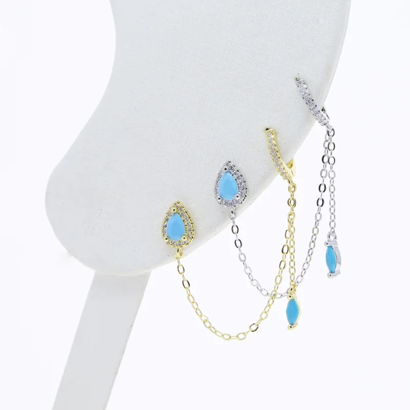 New Arrived Fashion Women Girl Jewelry Gold Color Blue Turquoises CZ Stone Tassel Chain Dangling Earring