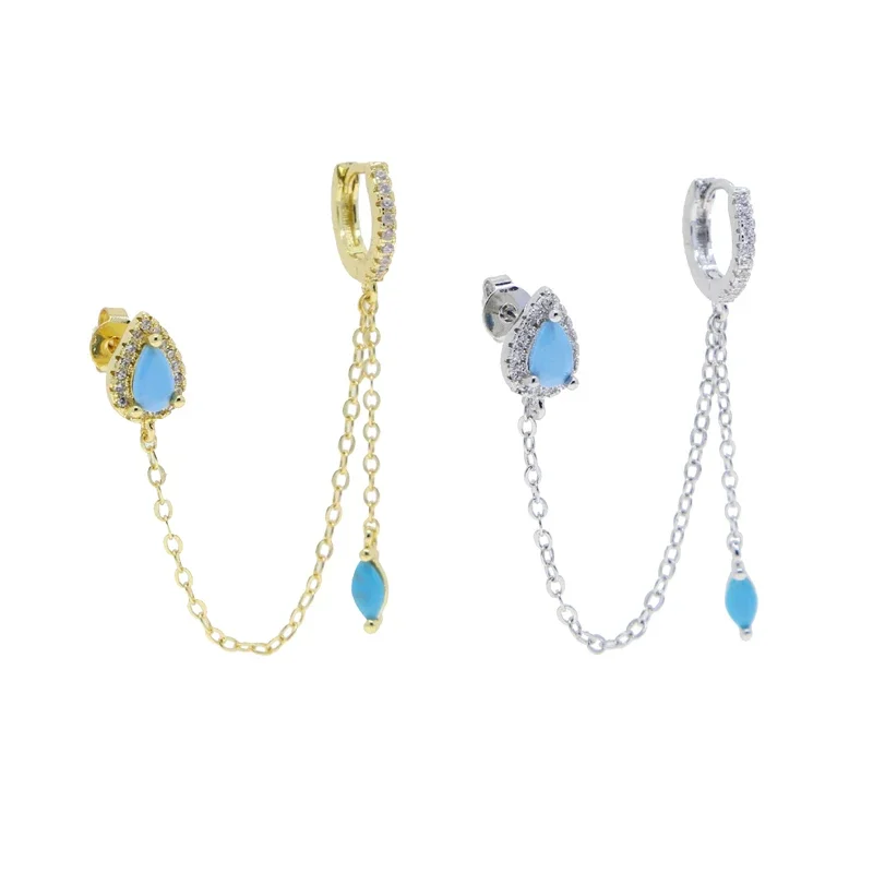 New Arrived Fashion Women Girl Jewelry Gold Color Blue Turquoises CZ Stone Tassel Chain Dangling Earring