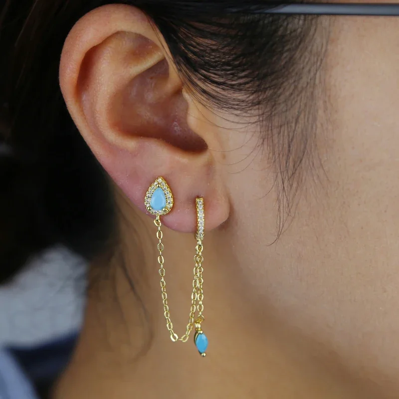New Arrived Fashion Women Girl Jewelry Gold Color Blue Turquoises CZ Stone Tassel Chain Dangling Earring