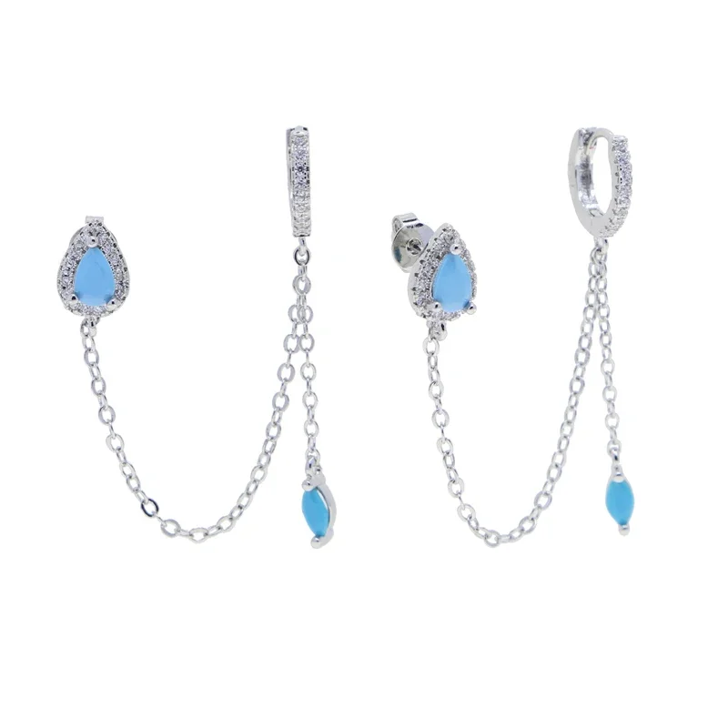 New Arrived Fashion Women Girl Jewelry Gold Color Blue Turquoises CZ Stone Tassel Chain Dangling Earring