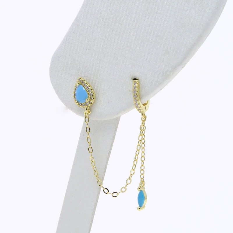 New Arrived Fashion Women Girl Jewelry Gold Color Blue Turquoises CZ Stone Tassel Chain Dangling Earring