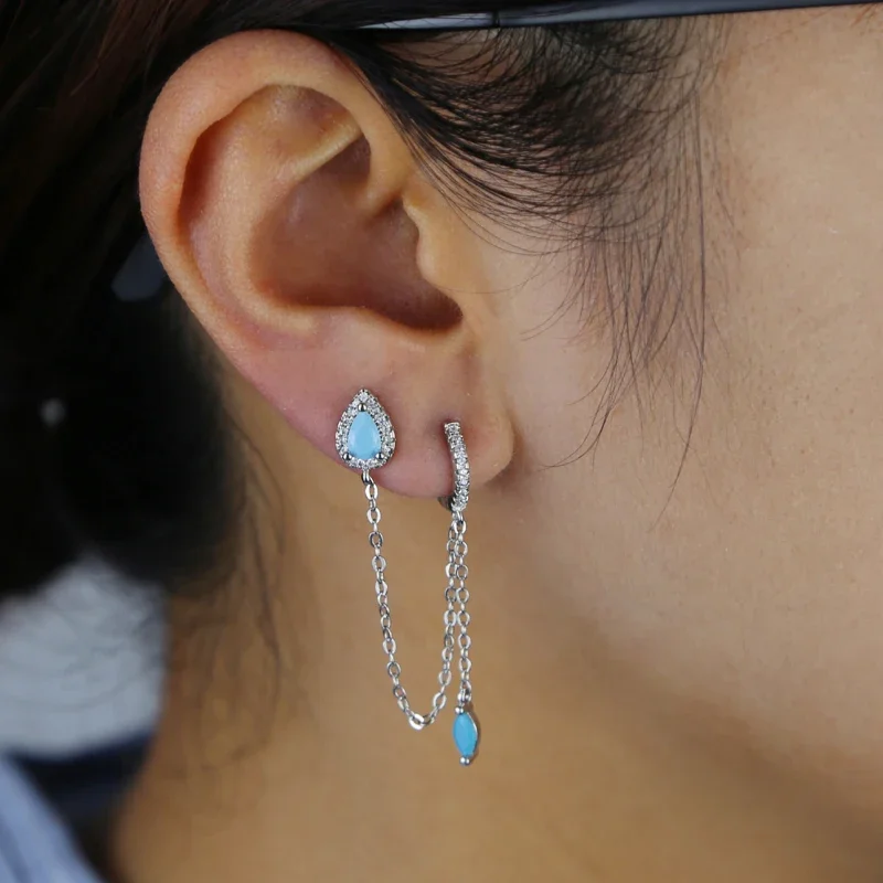 New Arrived Fashion Women Girl Jewelry Gold Color Blue Turquoises CZ Stone Tassel Chain Dangling Earring