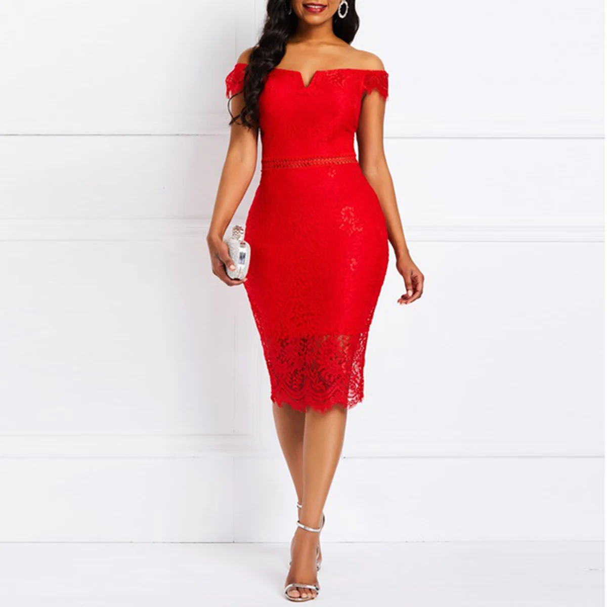 Summer Women Sexy Short-Sleeved V-Neck Lace Dress Casual Women Fashion Slim-Fit Dress