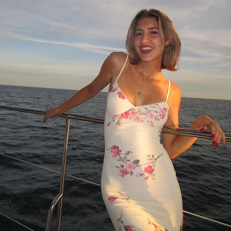 Sleeveless Floral Print Suspender Dress Summer Chic Female Beach Party Halter Dress Women's Fashion V-neck Slim Maxi Dresses