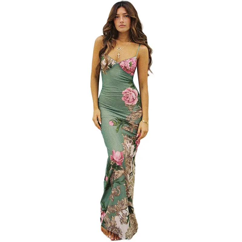 Sleeveless Floral Print Suspender Dress Summer Chic Female Beach Party Halter Dress Women's Fashion V-neck Slim Maxi Dresses