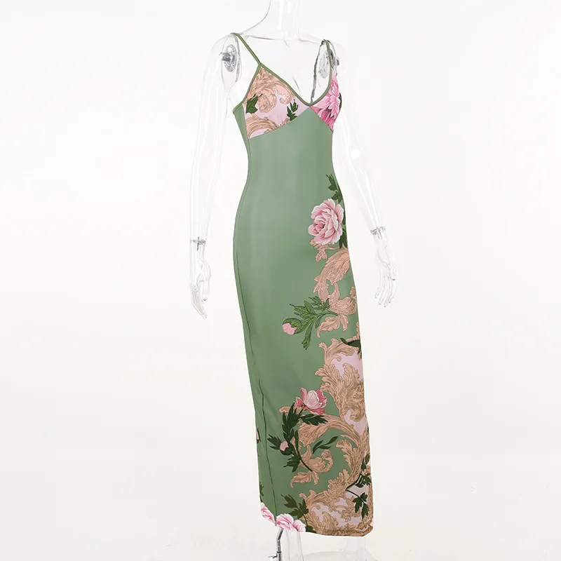 Sleeveless Floral Print Suspender Dress Summer Chic Female Beach Party Halter Dress Women's Fashion V-neck Slim Maxi Dresses