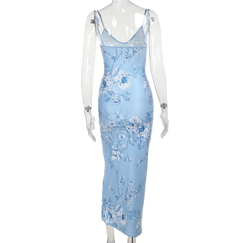 Sleeveless Floral Print Suspender Dress Summer Chic Female Beach Party Halter Dress Women's Fashion V-neck Slim Maxi Dresses