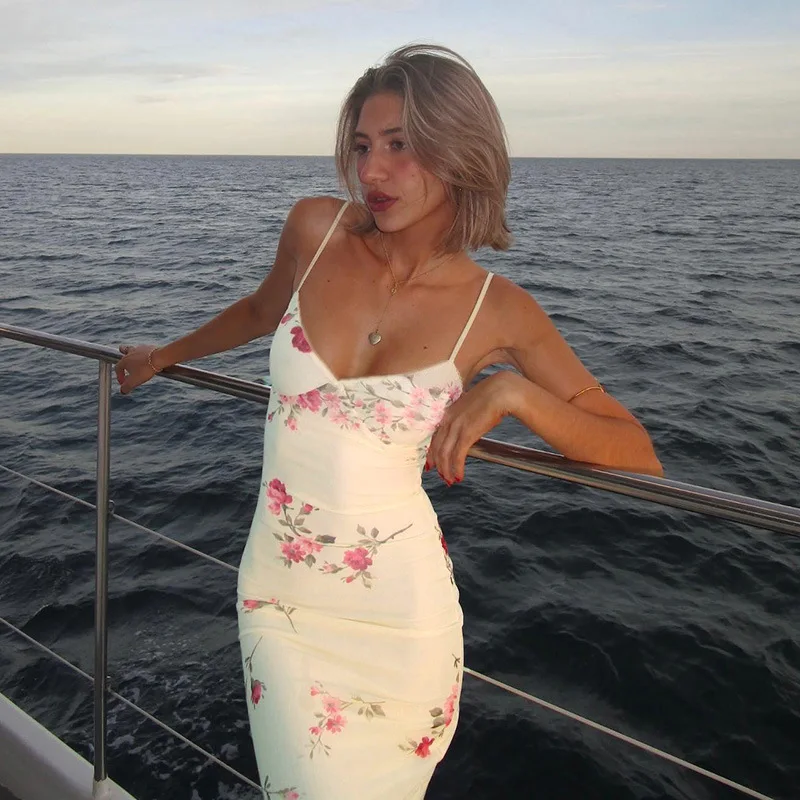 Sleeveless Floral Print Suspender Dress Summer Chic Female Beach Party Halter Dress Women's Fashion V-neck Slim Maxi Dresses