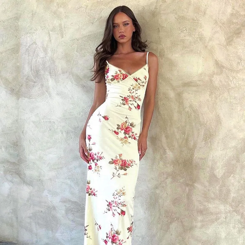 Sleeveless Floral Print Suspender Dress Summer Chic Female Beach Party Halter Dress Women's Fashion V-neck Slim Maxi Dresses