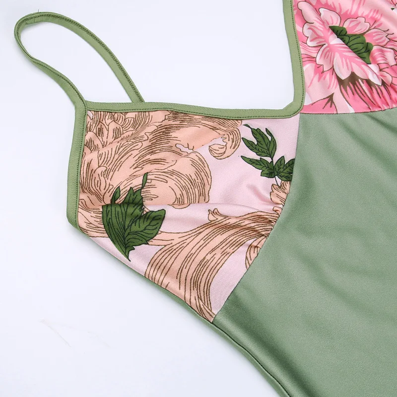 Sleeveless Floral Print Suspender Dress Summer Chic Female Beach Party Halter Dress Women's Fashion V-neck Slim Maxi Dresses
