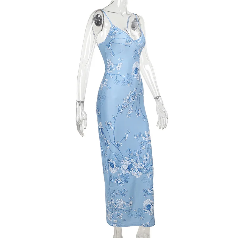 Sleeveless Floral Print Suspender Dress Summer Chic Female Beach Party Halter Dress Women's Fashion V-neck Slim Maxi Dresses