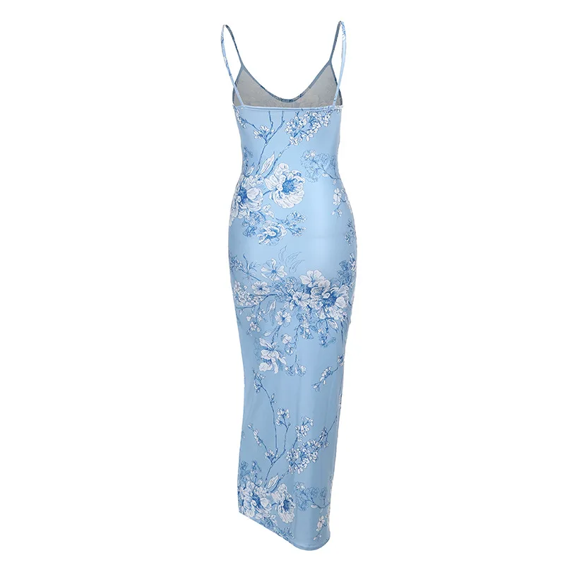 Sleeveless Floral Print Suspender Dress Summer Chic Female Beach Party Halter Dress Women's Fashion V-neck Slim Maxi Dresses