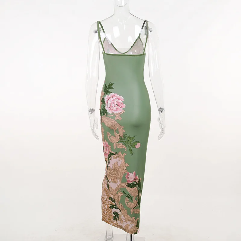 Sleeveless Floral Print Suspender Dress Summer Chic Female Beach Party Halter Dress Women's Fashion V-neck Slim Maxi Dresses