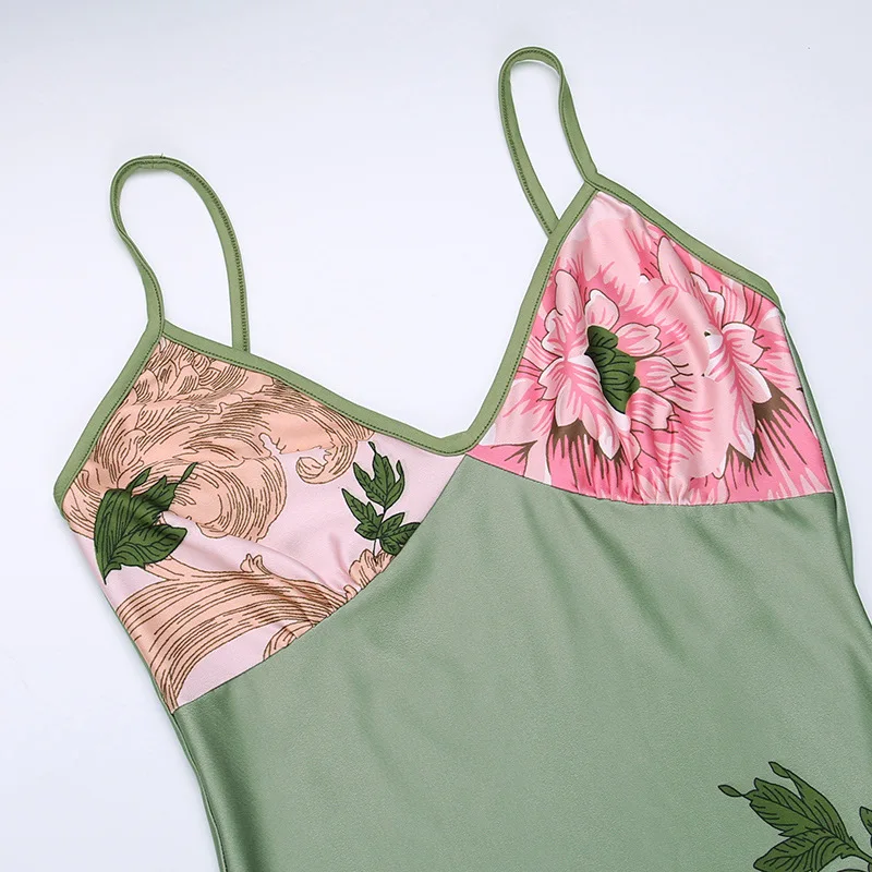 Sleeveless Floral Print Suspender Dress Summer Chic Female Beach Party Halter Dress Women's Fashion V-neck Slim Maxi Dresses