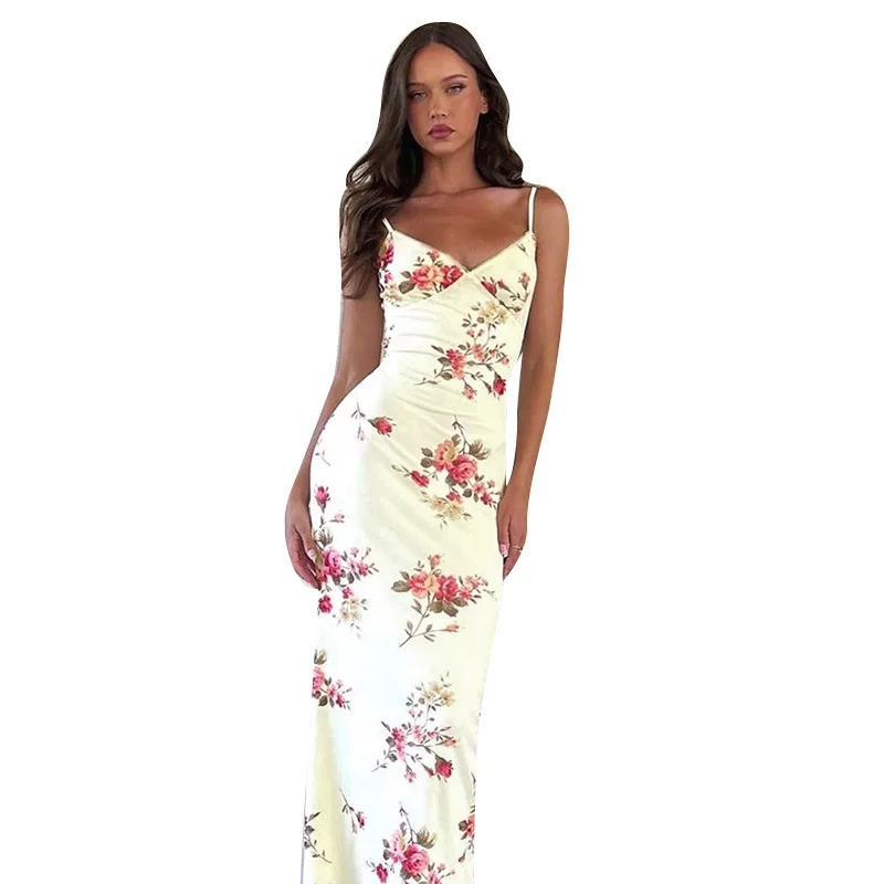 Sleeveless Floral Print Suspender Dress Summer Chic Female Beach Party Halter Dress Women's Fashion V-neck Slim Maxi Dresses