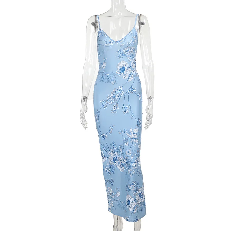 Sleeveless Floral Print Suspender Dress Summer Chic Female Beach Party Halter Dress Women's Fashion V-neck Slim Maxi Dresses