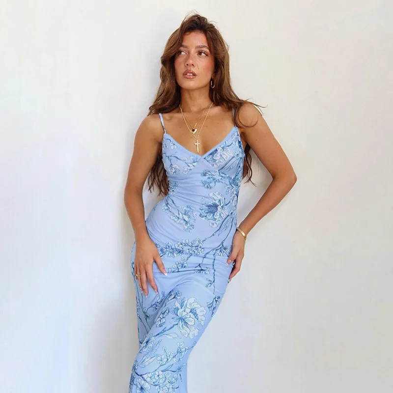 Sleeveless Floral Print Suspender Dress Summer Chic Female Beach Party Halter Dress Women's Fashion V-neck Slim Maxi Dresses