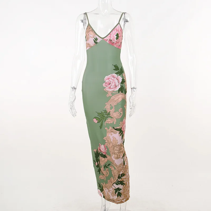 Sleeveless Floral Print Suspender Dress Summer Chic Female Beach Party Halter Dress Women's Fashion V-neck Slim Maxi Dresses