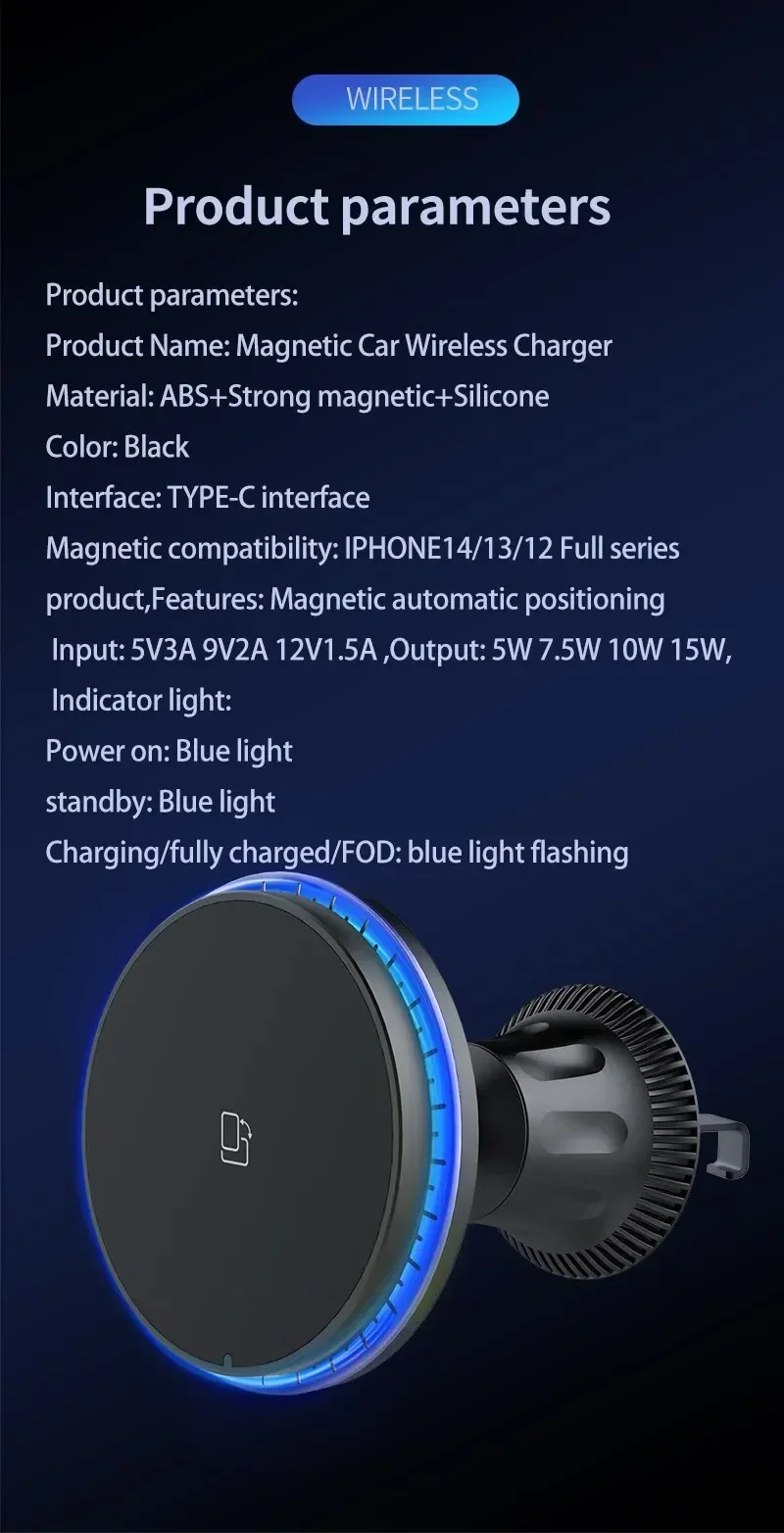 LED/RGB Magnetic Car Wireless Charger For iPhone 12 13 14 15 Pro Max Macsafe Car Phone Holder Stand Mount Fast Charging Station