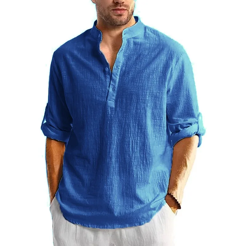 New Men's Linen Cotton Tshirts Long Sleeve Button Up Shirts Henley Beach Shirts Hawaiian T Shirts for Men Breathable Tops