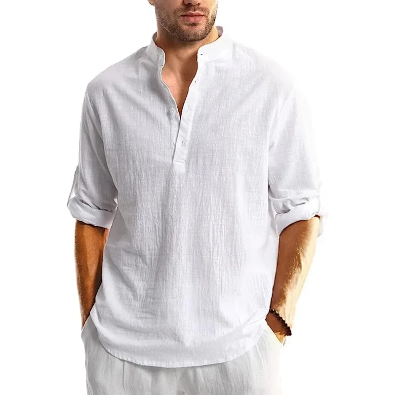 New Men's Linen Cotton Tshirts Long Sleeve Button Up Shirts Henley Beach Shirts Hawaiian T Shirts for Men Breathable Tops