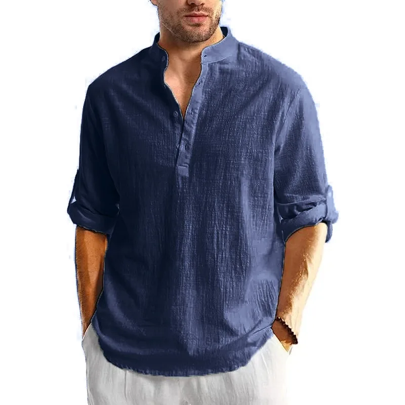 New Men's Linen Cotton Tshirts Long Sleeve Button Up Shirts Henley Beach Shirts Hawaiian T Shirts for Men Breathable Tops