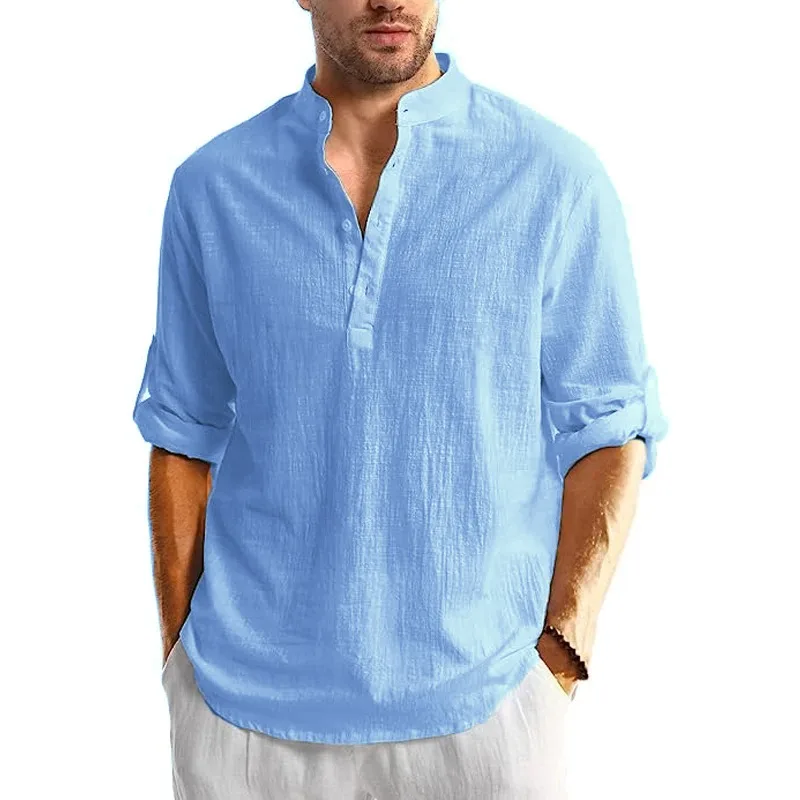 New Men's Linen Cotton Tshirts Long Sleeve Button Up Shirts Henley Beach Shirts Hawaiian T Shirts for Men Breathable Tops
