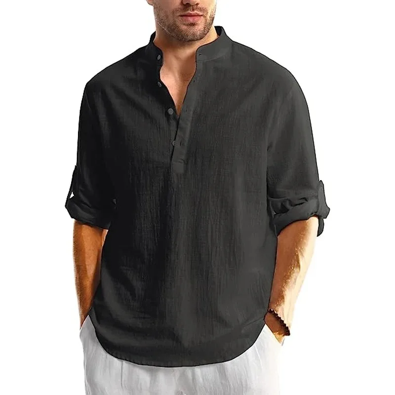 New Men's Linen Cotton Tshirts Long Sleeve Button Up Shirts Henley Beach Shirts Hawaiian T Shirts for Men Breathable Tops