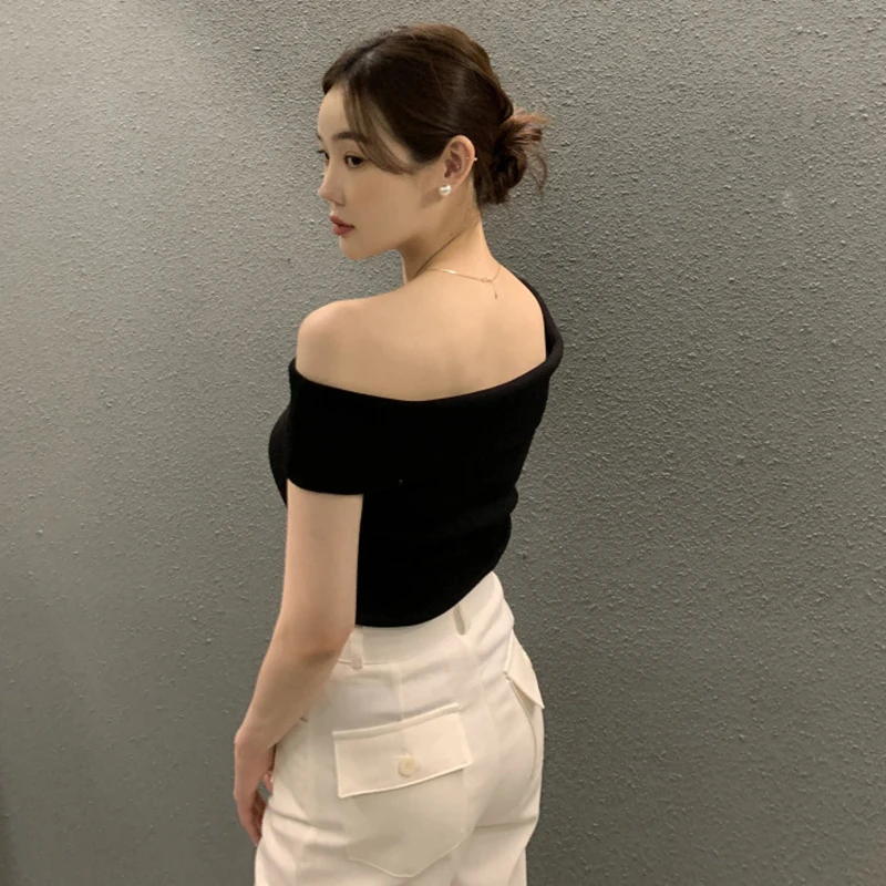 Summer Fashion Stripe Knitted T-shirt Women Sexy Off Shoulder Short Sleeve Slim Top