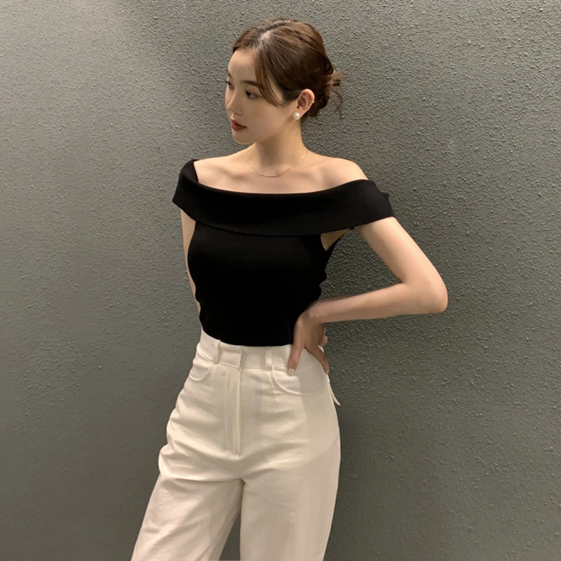 Summer Fashion Stripe Knitted T-shirt Women Sexy Off Shoulder Short Sleeve Slim Top