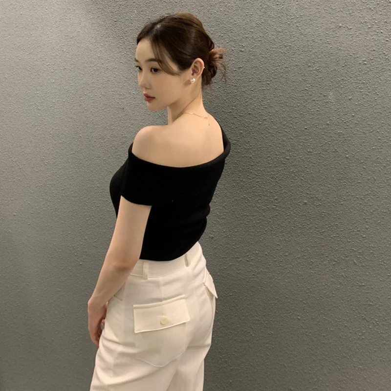 Summer Fashion Stripe Knitted T-shirt Women Sexy Off Shoulder Short Sleeve Slim Top