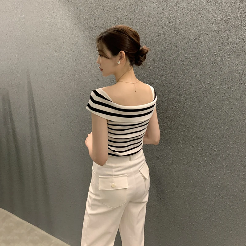 Summer Fashion Stripe Knitted T-shirt Women Sexy Off Shoulder Short Sleeve Slim Top