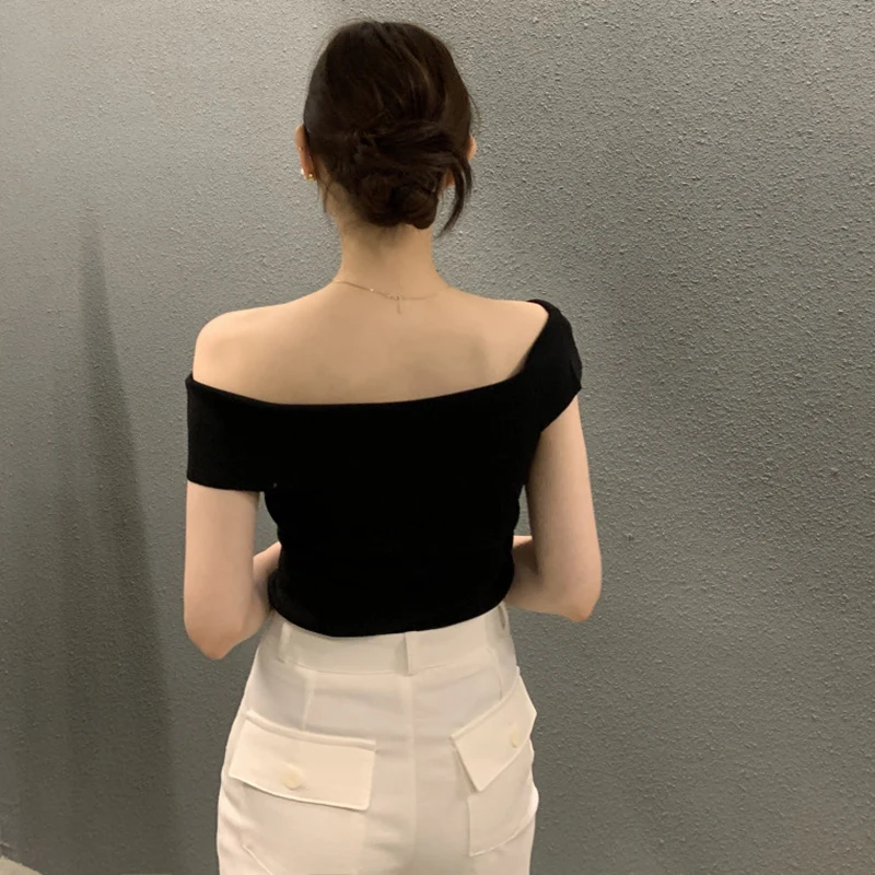 Summer Fashion Stripe Knitted T-shirt Women Sexy Off Shoulder Short Sleeve Slim Top