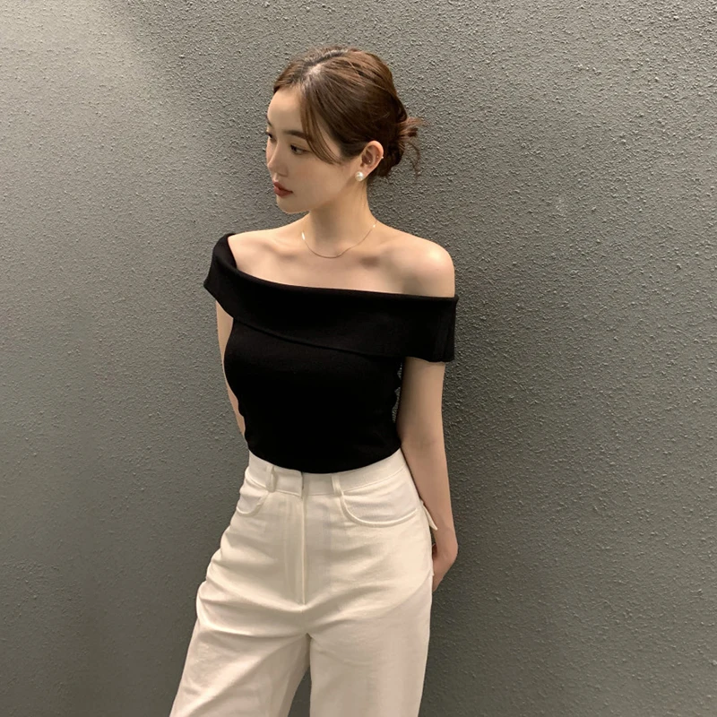 Summer Fashion Stripe Knitted T-shirt Women Sexy Off Shoulder Short Sleeve Slim Top