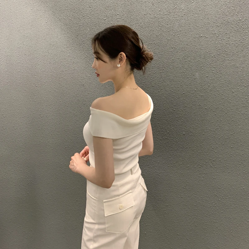 Summer Fashion Stripe Knitted T-shirt Women Sexy Off Shoulder Short Sleeve Slim Top