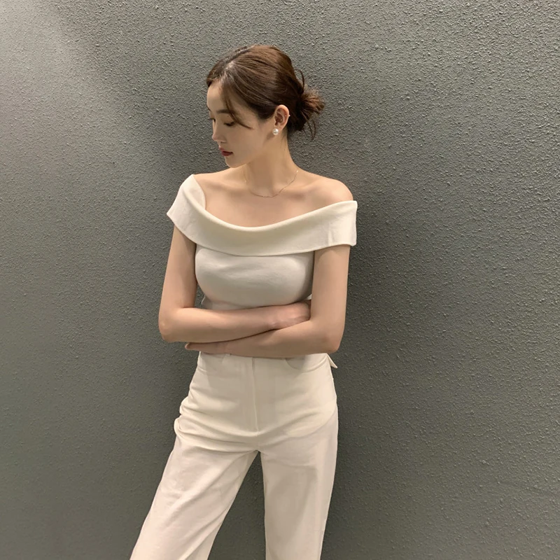 Summer Fashion Stripe Knitted T-shirt Women Sexy Off Shoulder Short Sleeve Slim Top