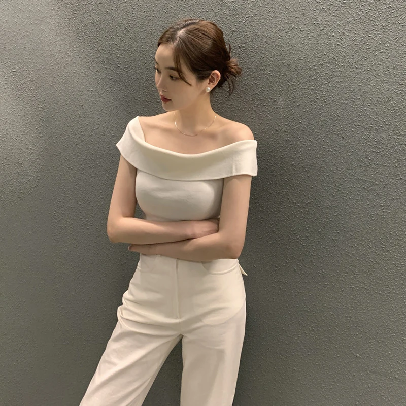 Summer Fashion Stripe Knitted T-shirt Women Sexy Off Shoulder Short Sleeve Slim Top